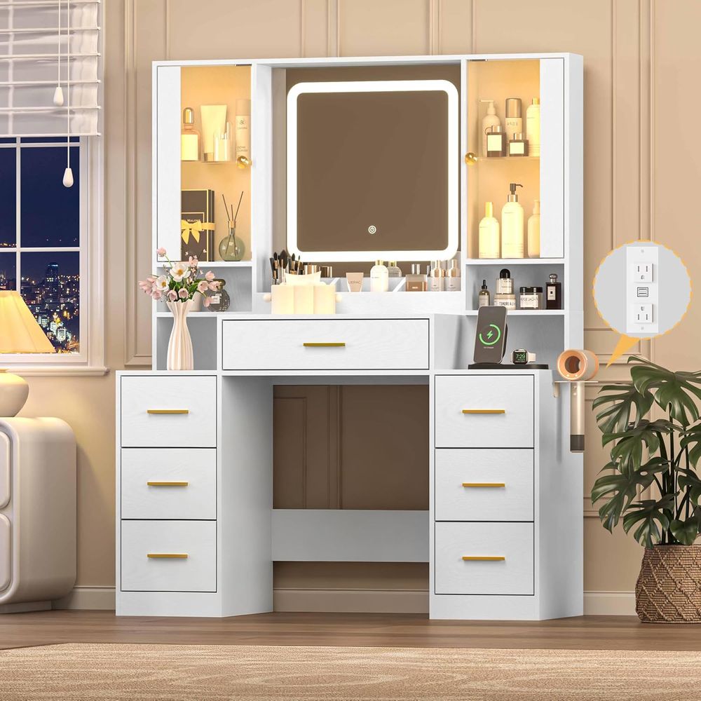 Desk Charging Station - White Makeup Vanity Desk with Mirror,