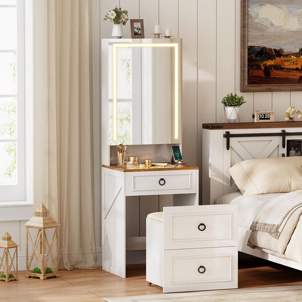Desk Charging Station - White Compact Makeup Vanity Desk with