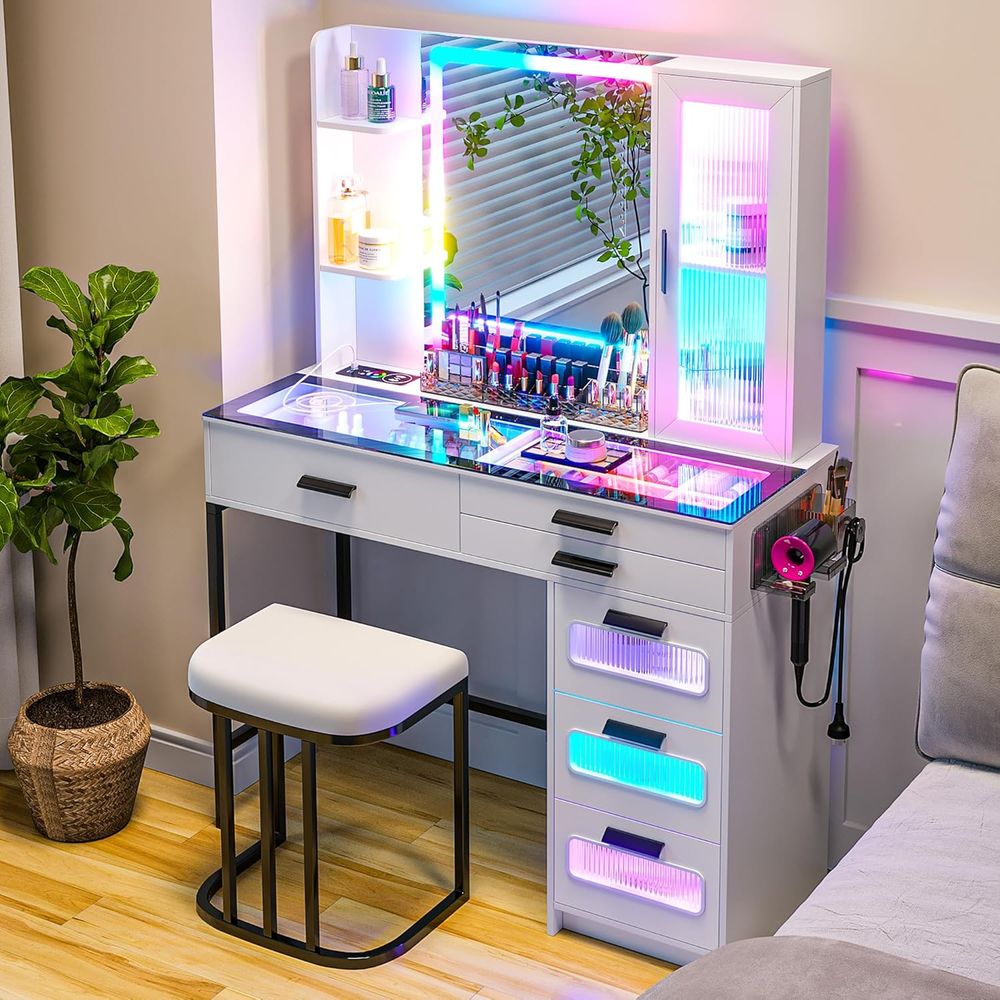 Desk Charging Station - LED-Illuminated Glass Top Vanity Desk with