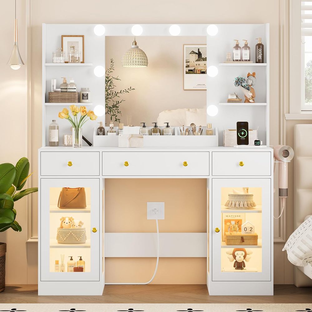 Desk Charging Station - LED-Lit Makeup Vanity Desk with Mirror,