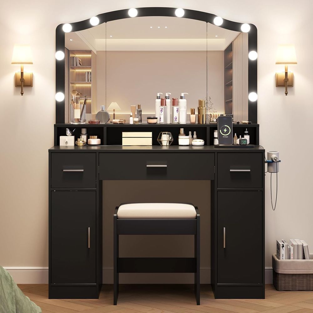Desk Charging Station - Lighted Vanity Desk with 10-LED Mirror,