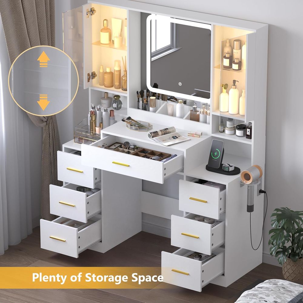 White Makeup Vanity Desk with  - Desk Charging Station ulasan dan harga