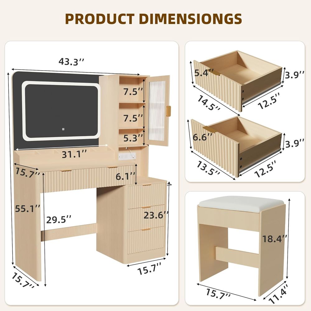 43.3 LED Lighted Vanity Desk w - Desk Charging Station ulasan dan harga