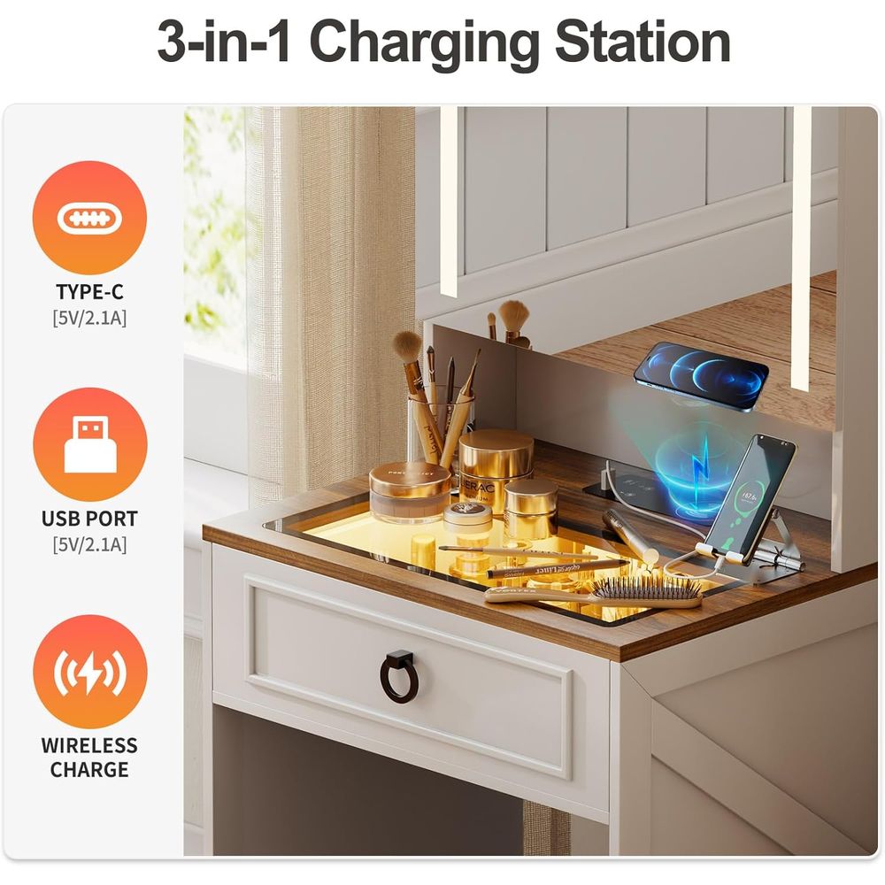 White Compact Makeup Vanity De - Desk Charging Station ulasan dan harga