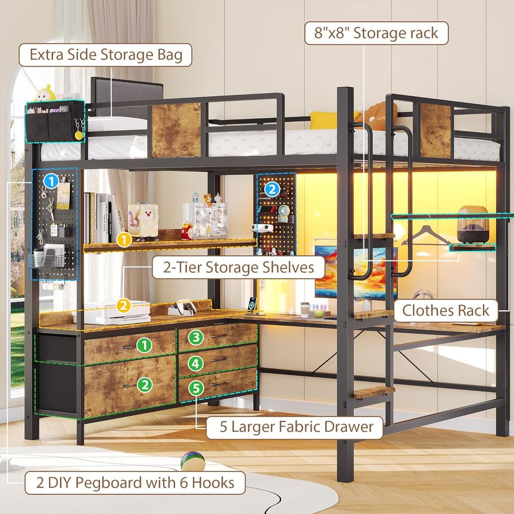 Heavy-Duty Metal Bed with Desk - Desk Charging Station ulasan dan harga