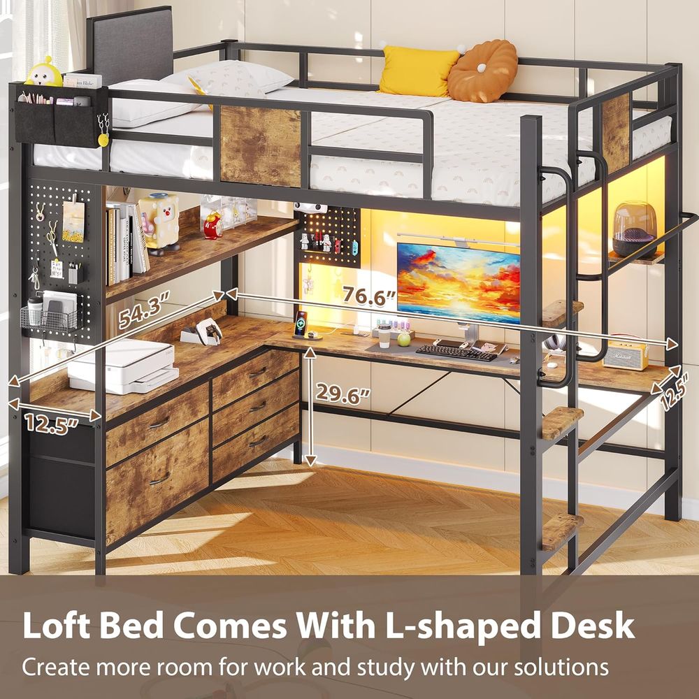 Heavy-Duty Metal Bed with Desk - Desk Charging Station ulasan dan harga