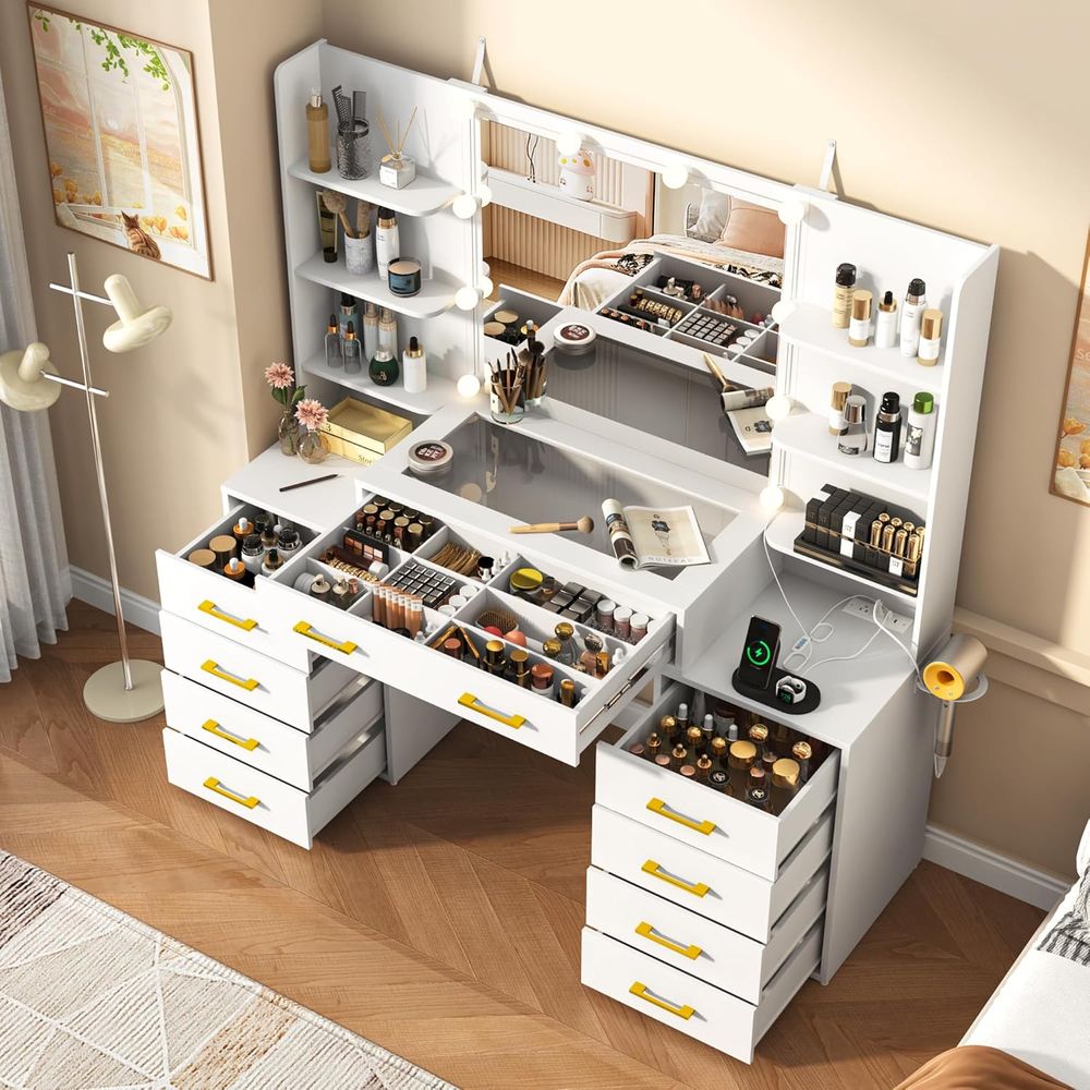 55 Glass Top Vanity Desk with  - Desk Charging Station ulasan dan harga