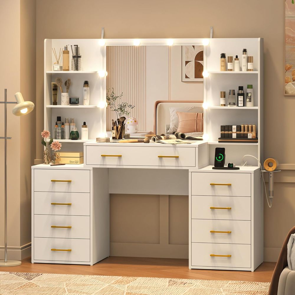 55 Glass Top Vanity Desk with  - Desk Charging Station ulasan dan harga