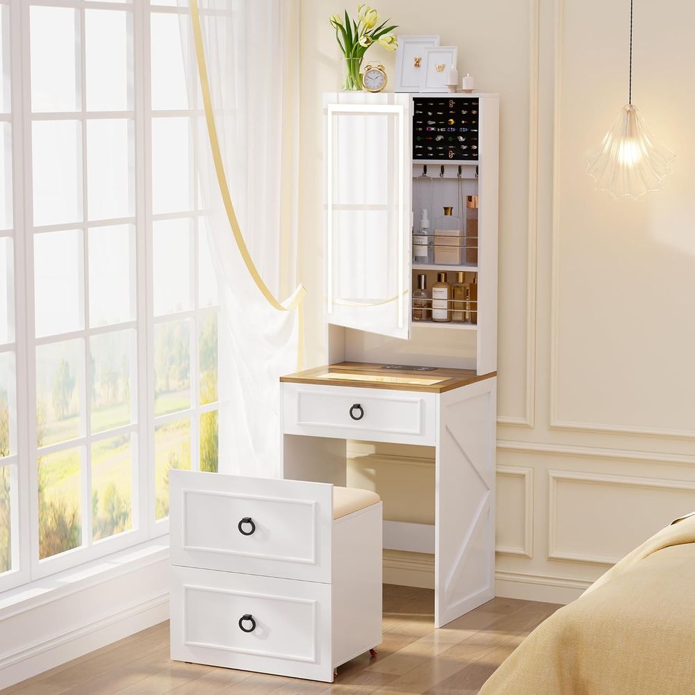 58 White Vanity Desk with 3-Co - Desk Charging Station ulasan dan harga