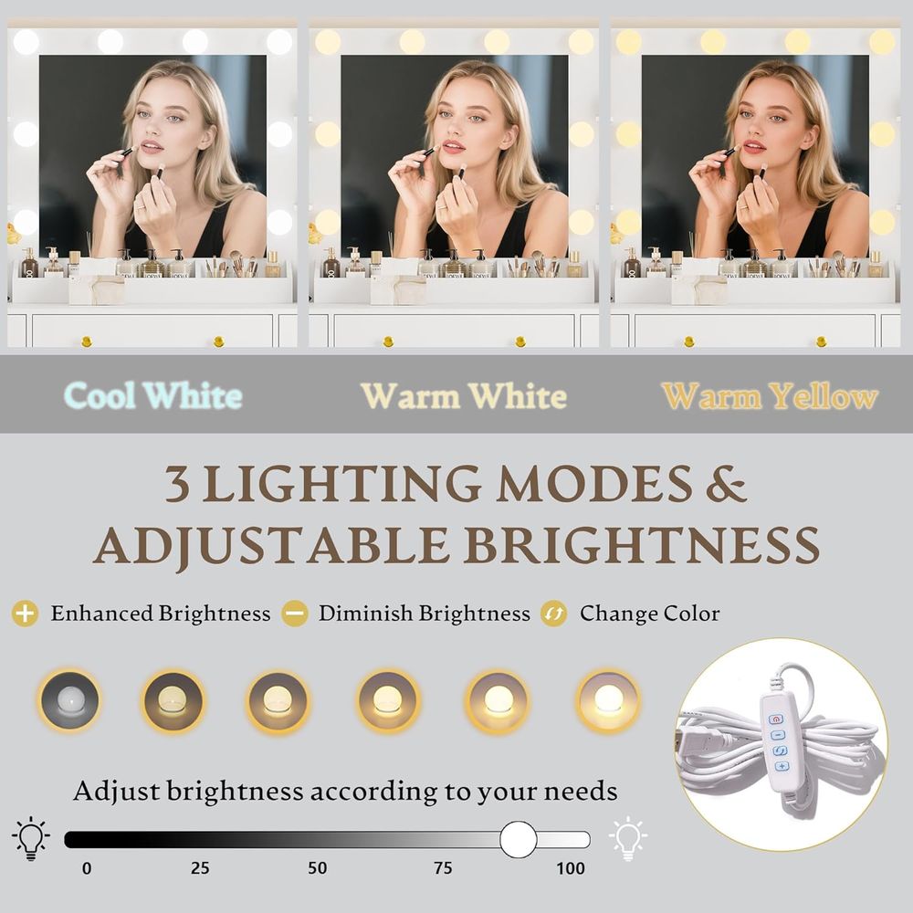 LED-Lit Makeup Vanity Desk wit - Desk Charging Station ulasan dan harga