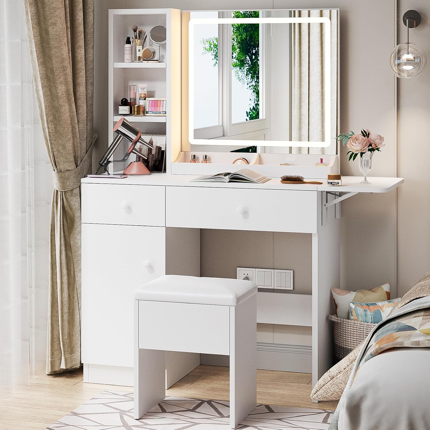 White Vanity Desk with Mirror  - Desk Charging Station ulasan dan harga