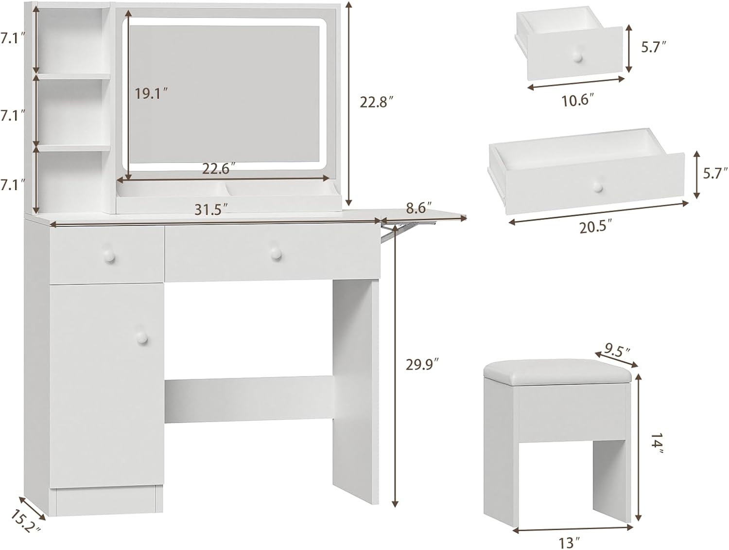 White Vanity Desk with Mirror  - Desk Charging Station ulasan dan harga