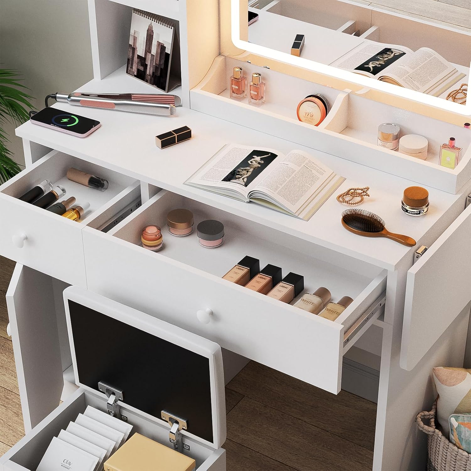 White Vanity Desk with Mirror  - Desk Charging Station ulasan dan harga