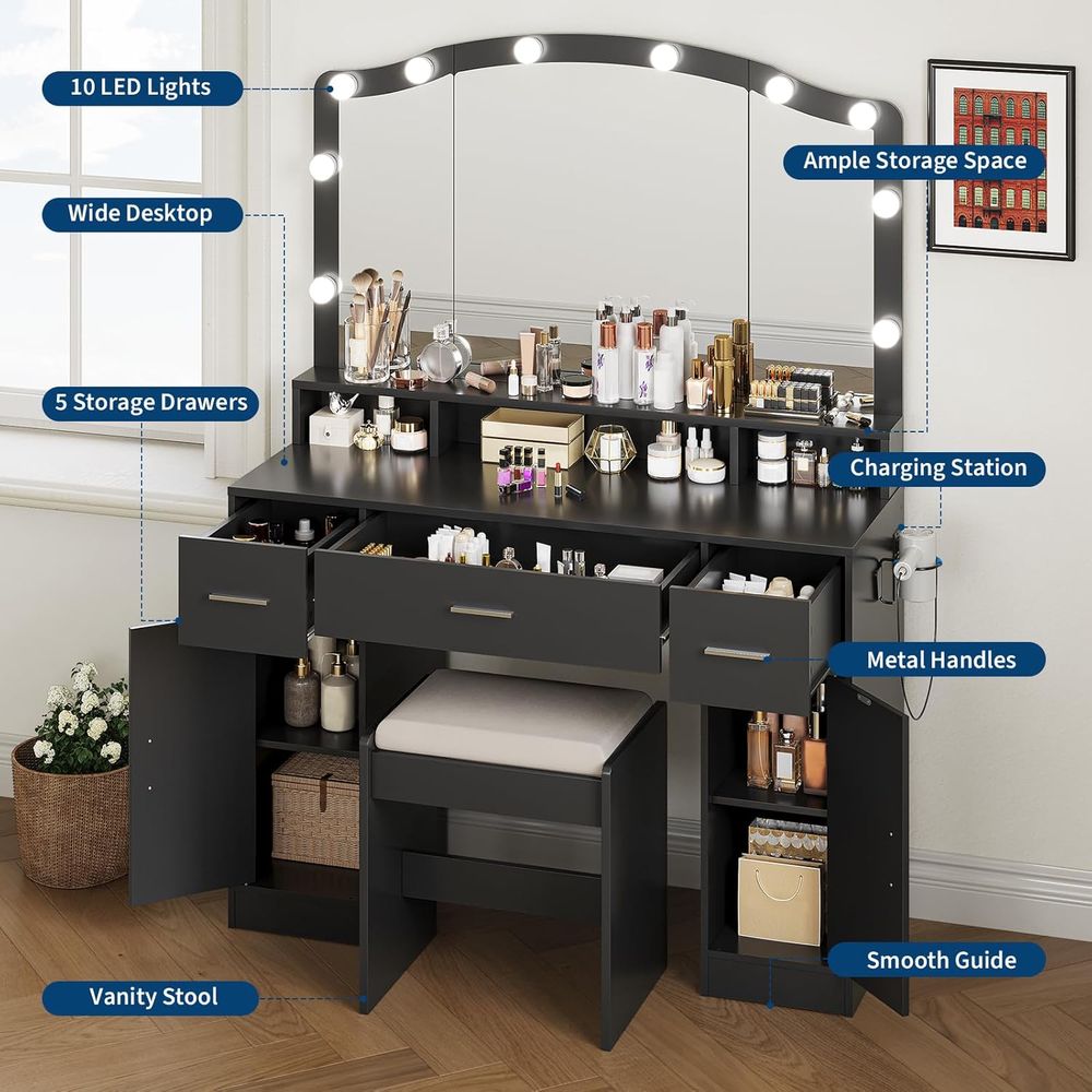 Lighted Vanity Desk with 10-LE - Desk Charging Station ulasan dan harga
